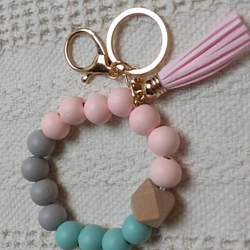 Wooden Keychain Pink, Green & Gray on stretchy cord w Pink tassel #7